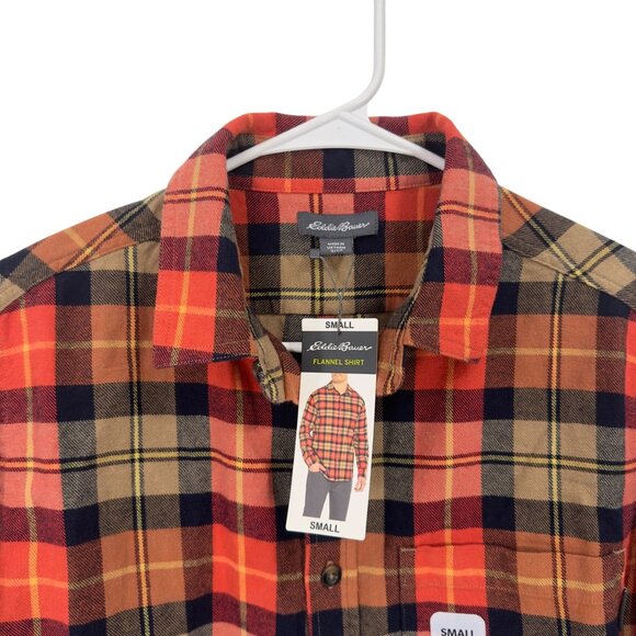 Eddie Bauer Mens Small Plaid Flannel Button Down Shirt Orange/Black/Beige - Picture 9 of 11
